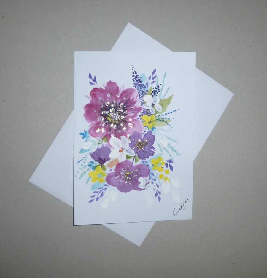 original art hand painted floral greetings card, ( ref FA 387 B2 )