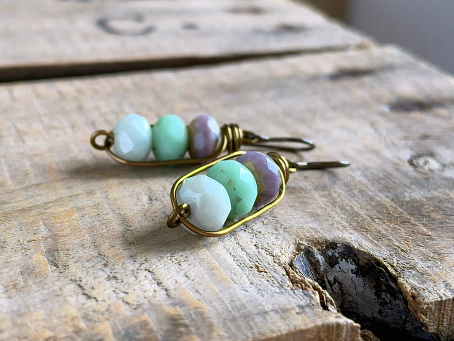 Mint Green & Lavender Earrings. Glass Bead Earrings. Wire Work Earrings