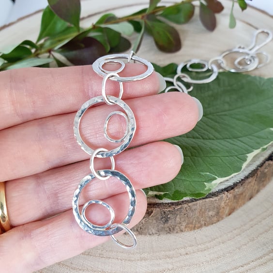 Hammered Circle & Oval Sterling Silver Bracelet (19cm) (One of a Kind)