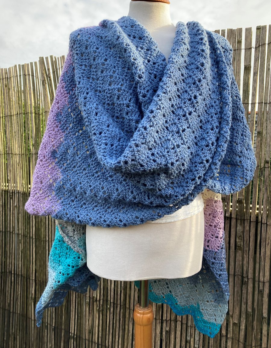 Generous Rectangular Chevron Lace Crochet Wrap Scarf Shawl in Merino Wool
