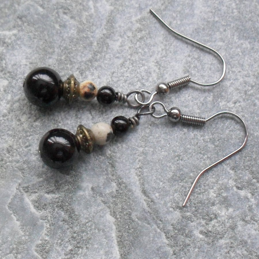 Black Agate and Dalmatian Jasper Earrings  