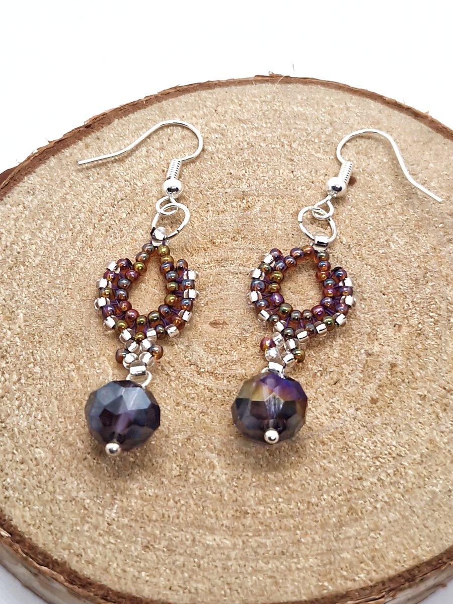 Silver, peach and purple ethnic inspired boho beaded dangle earrings