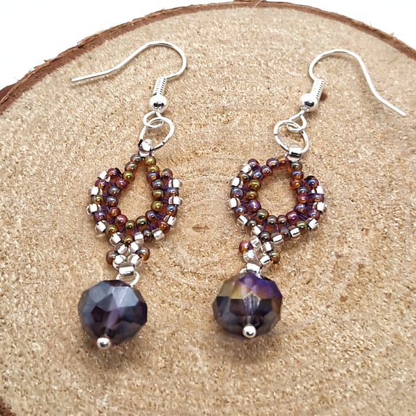 Silver, peach and purple ethnic inspired boho beaded dangle earrings