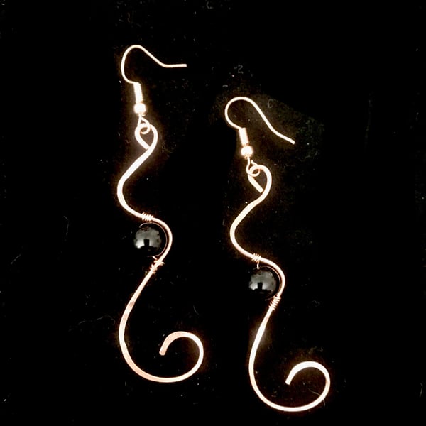  Jet Black Onyx Solid Copper Dangle Earrings - Drop 2”, Freepost