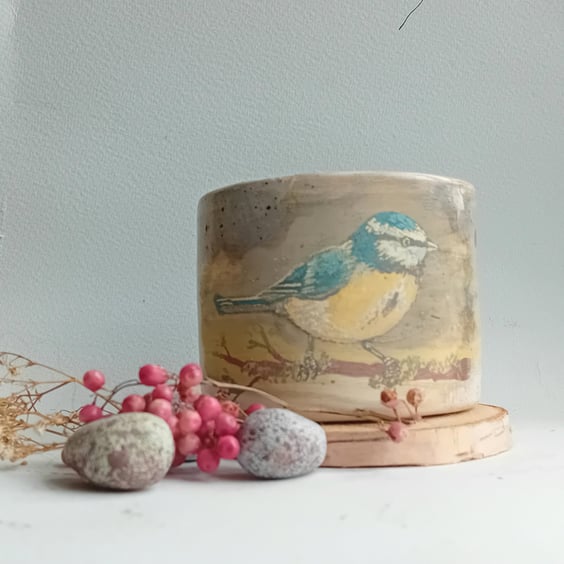 Blue tit thumb dimple cup, hand painted earthenware ceramic wood fired,