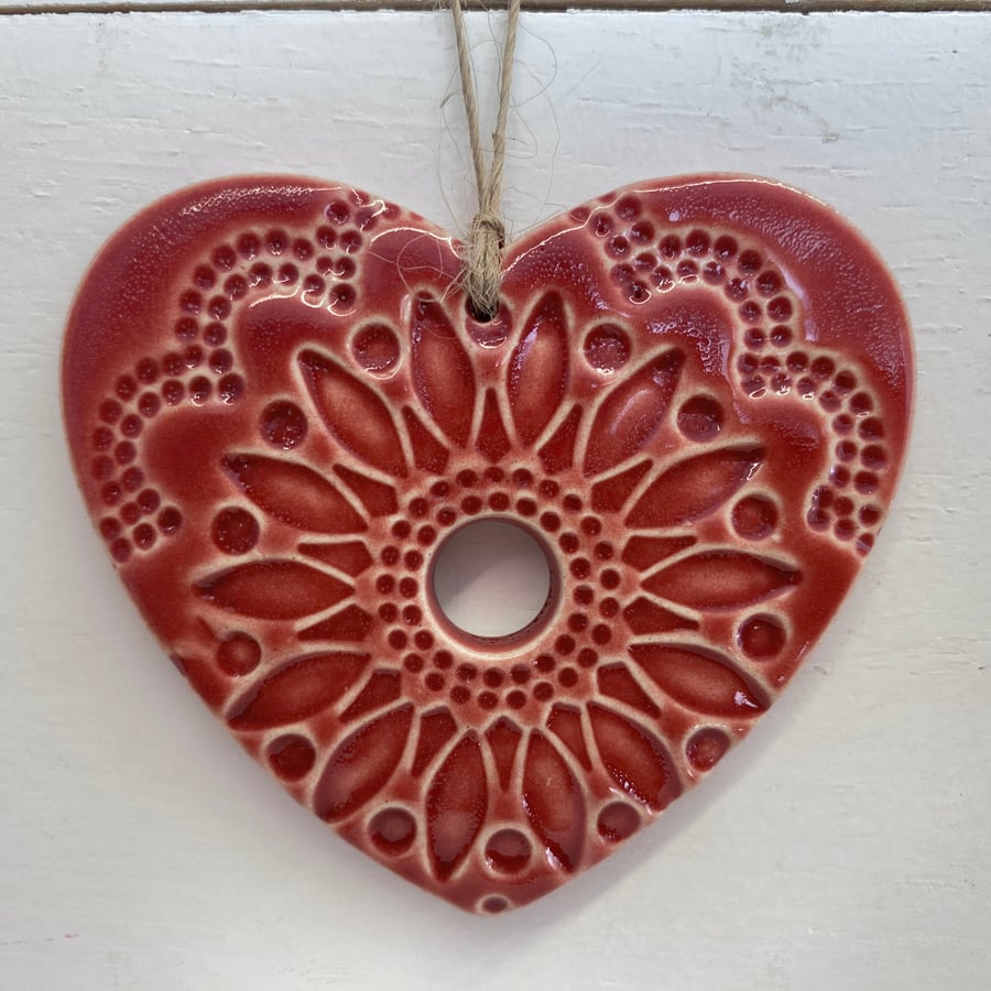 Pottery heart hanging decoration Red