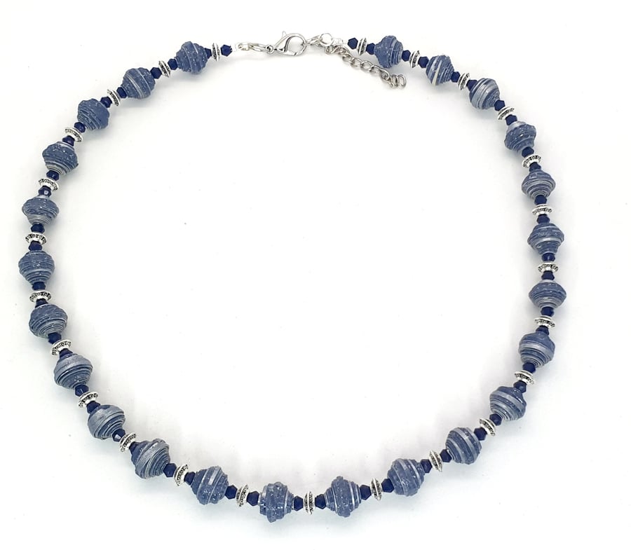 Sparkly Petrol blue paper beaded necklace with navy and silver separators