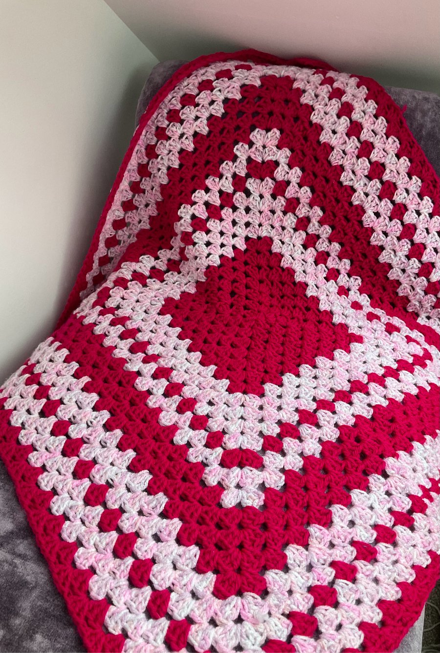 Granny Square Large Pink Crochet Blanket Vintage Style 