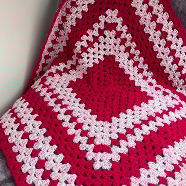 Crochet Granny Square Blanket Vintage Style Pinks
