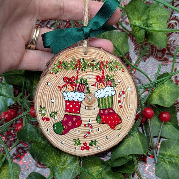 Christmas stocking hand-painted log slice Christmas decoration 