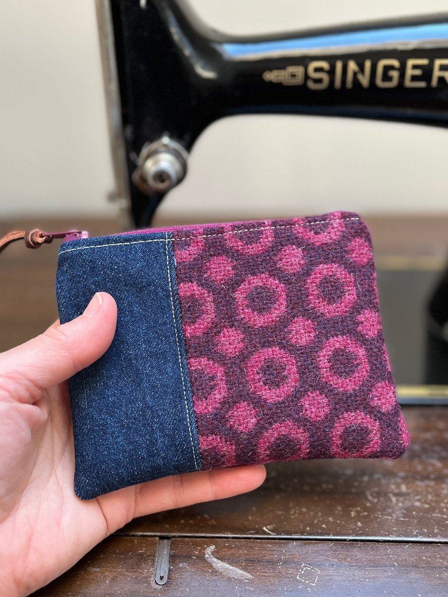Pink wool and denim coin purse zip pouch