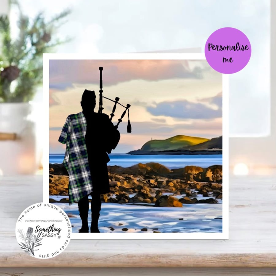 Scottish Bagpipe Greeting Card can be personalised 