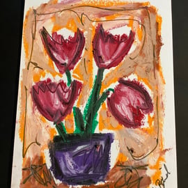 Tulips. Original oil pastel drawing. Unframed. Spring time. Easter. Flowers 