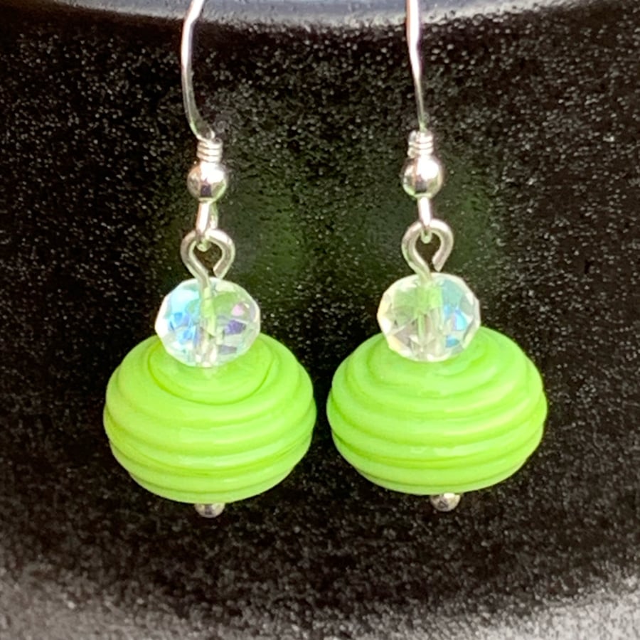 sterling silver - ribbed lampwork glass beads - crystal beads - green earrings 
