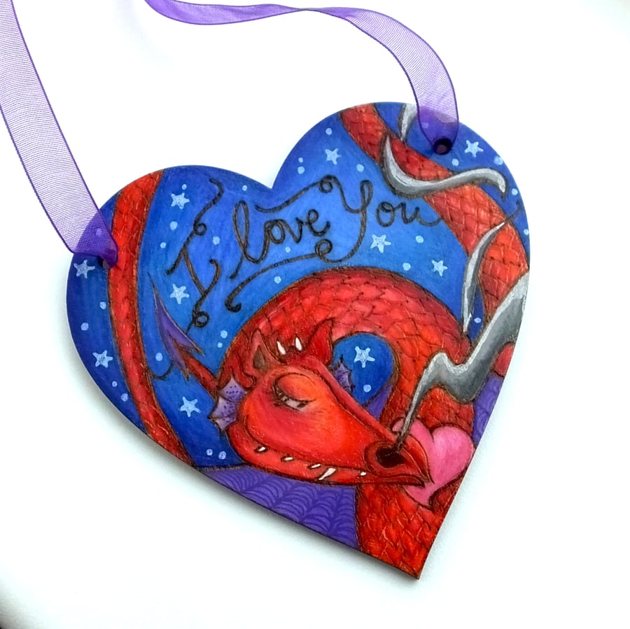 Red Dragon I Love You Wooden Pyrography Plaque with Prismacolor