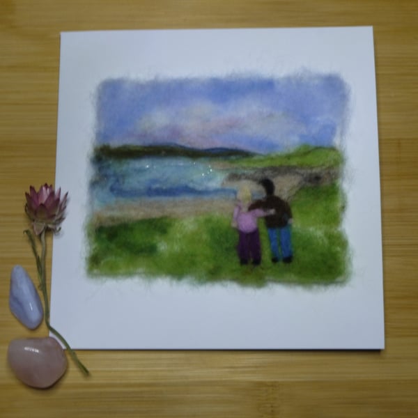 Handmade needle felted Couple by the bay greetings card