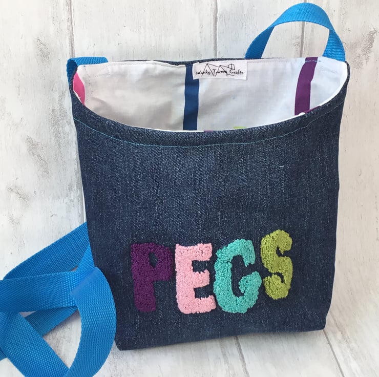 Recycled denim peg bag with blue shoulder strap... Folksy