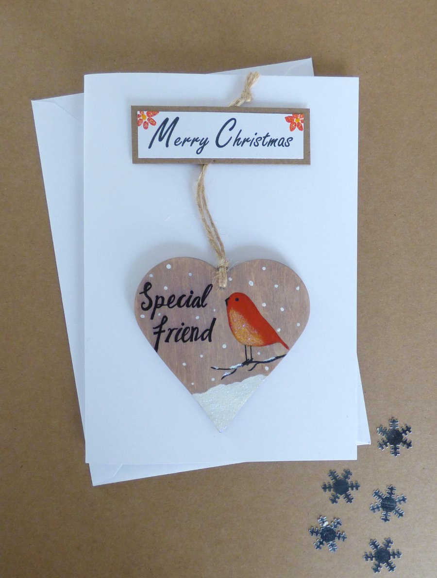 Merry Christmas, Special Friend, Detachable Wooden Keepsake Heart, Greeting Card