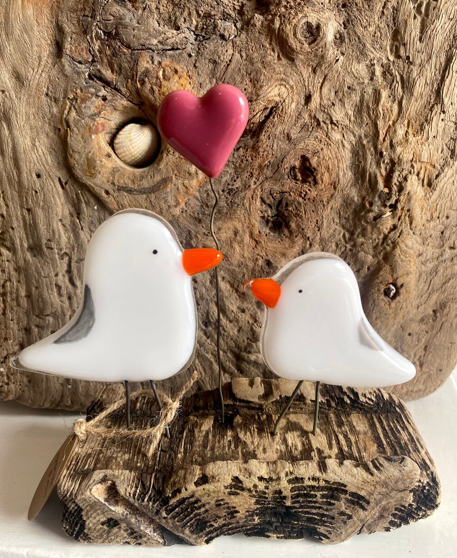Unique fused glass bird seagulls ornament figure on wooden driftwood stand 