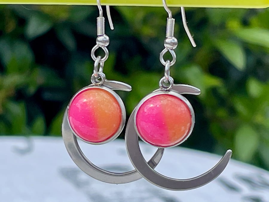 NEON CANDY MOON EARRINGS silver plate pink orange ombre cute glitter