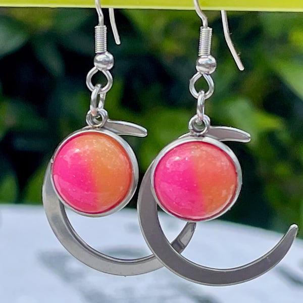 NEON CANDY MOON EARRINGS silver plate pink orange ombre cute glitter