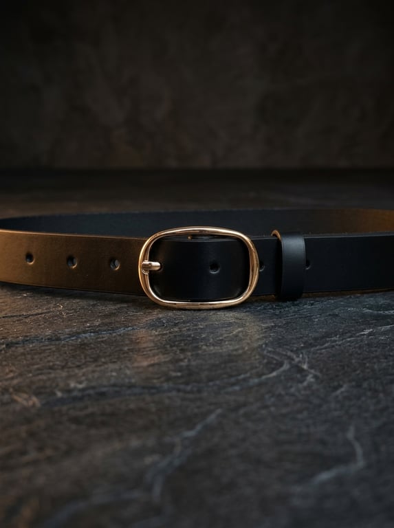 Black Full Grain Leather Belt Gold-Tone Oval Buckle Womens Belt 25mm 1 Inch