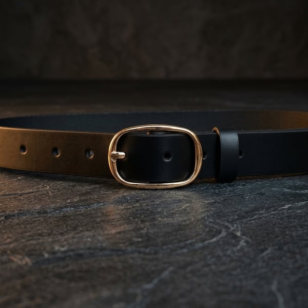 Black Full Grain Leather Belt Gold-Tone Oval Buckle Womens Belt 25mm 1 Inch