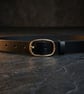 Black Full Grain Leather Belt Gold-Tone Oval Buckle Womens Belt 25mm 1 Inch