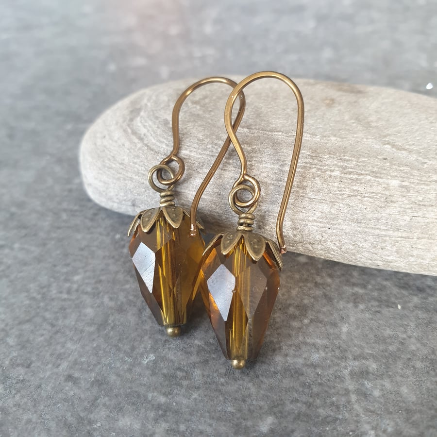 Acorn earrings, Autumn jewellery, Brass and amber glass