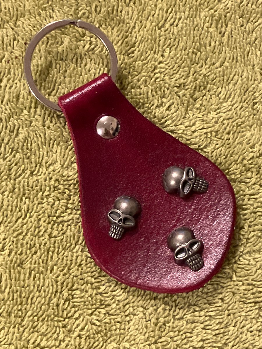 Red Leather Keyring - 3 Skull Heads - FREE SHIPPING