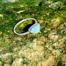 Light Aquamarine Sea Glass and Hammered Sterling Silver Ring - Size Q - 1037