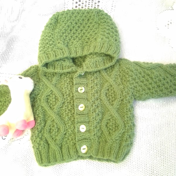 Hand Knitted Hooded Cabled Jacket for Baby, Baby Shower Gift, New Baby Gift