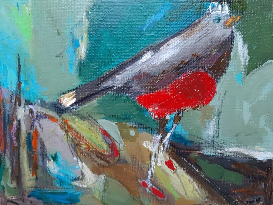 Robin in a tiara and red slippers small painting 