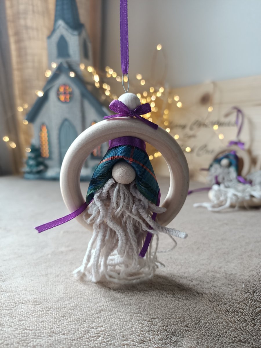 Purple and blue tartan wild christmas gnome christmas decoration wooden bauble