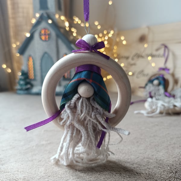 Purple and blue tartan wild christmas gnome christmas decoration wooden bauble