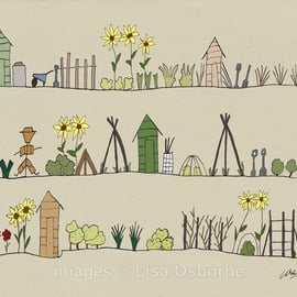 The Allotments. Signed print. Digital illustration. Gardening. Vegetable growing