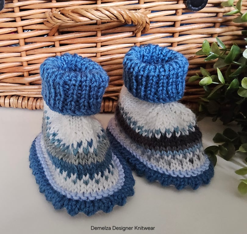 Fairisle Hand Knitted 90% & 100%  Merino Wool Booties 3-9 months 