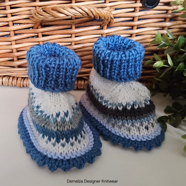 Designer Fairisle Hand Knitted 90% & 100%  Merino Wool Booties 3-9 months 