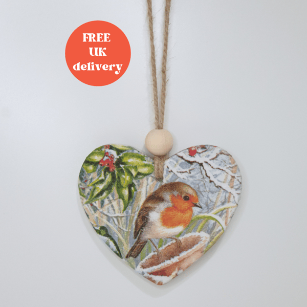 Robin clay hanging Christmas decoration,  tree decoration, gift for a bird lover