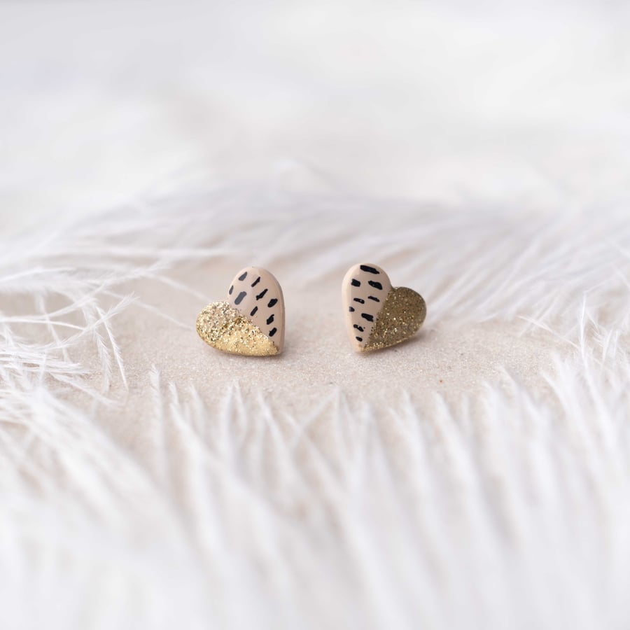 Leopard Print Heart Stud Earrings: Gold Glitter handmade with Polymer Clay
