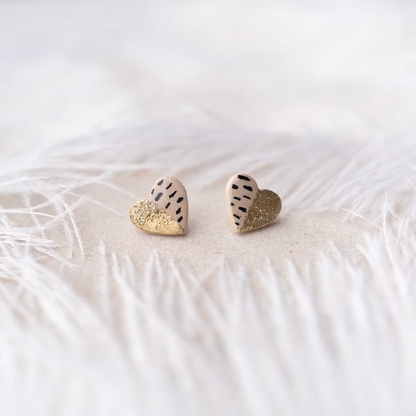 Leopard Print Heart Stud Earrings: Gold Glitter handmade with Polymer Clay