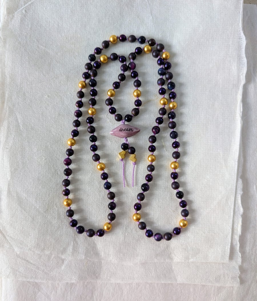 Purple hematite dream mala necklace, 108 beads, knotted cotton cord