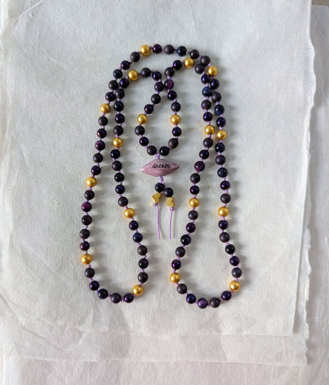 Purple hematite dream mala necklace, 108 beads, knotted cotton cord