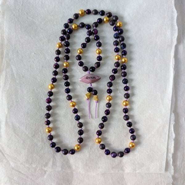 Purple hematite dream mala necklace, 108 beads, knotted cotton cord