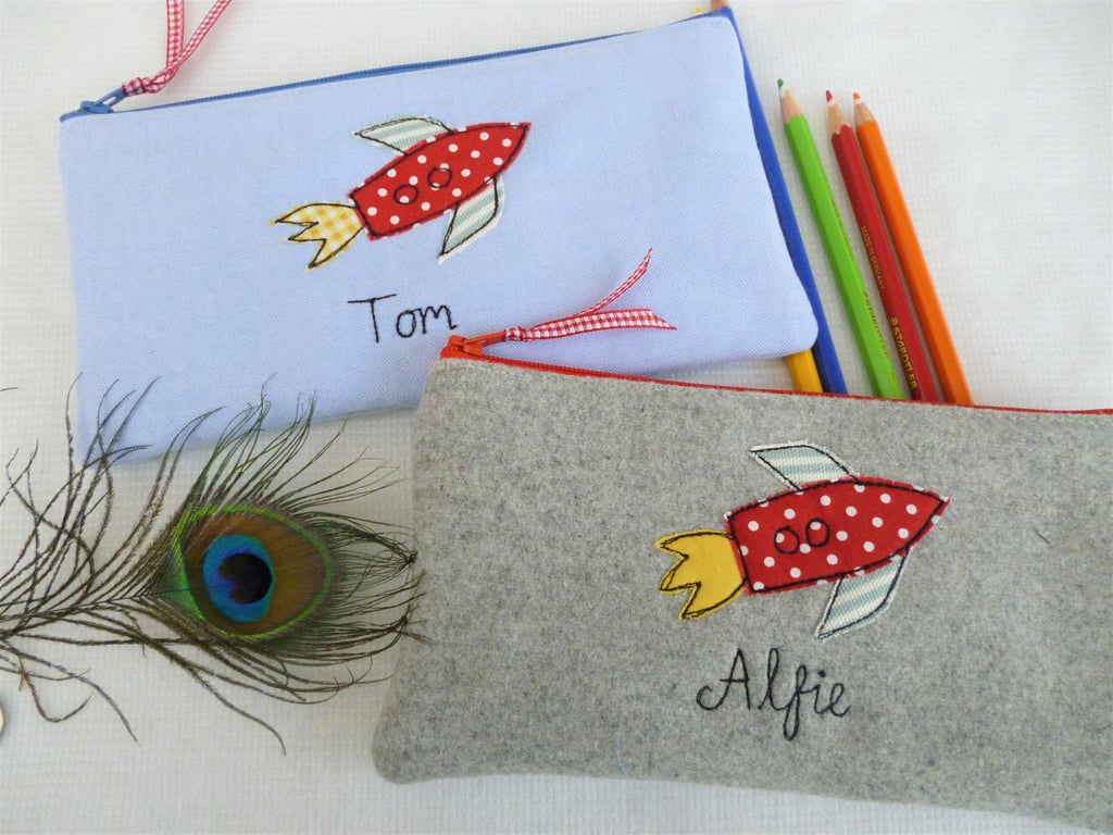 Personalised Rocket Pencil Case - Retro Space Design on Custom Pen Art Pouch