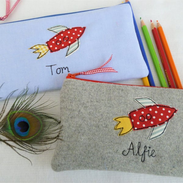 Personalised Rocket Pencil Case - Retro Space Design on Custom Pen Art Pouch