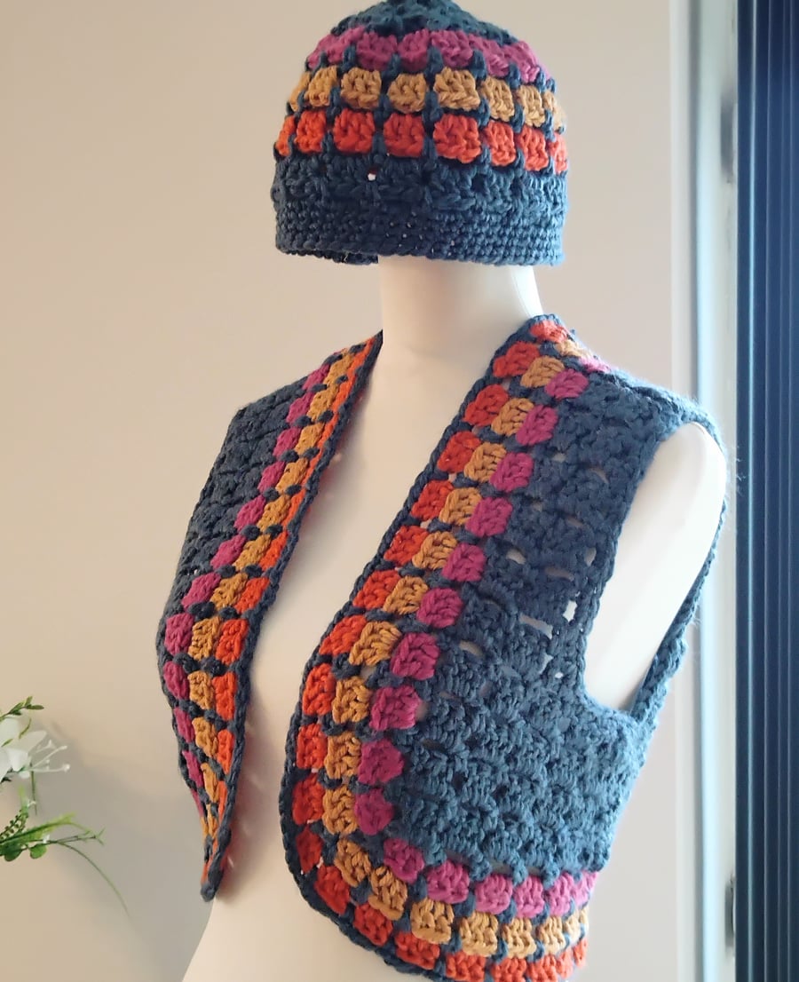 MADE TO ORDER Chunky Crochet Bolero Waistcoat and Beanie Set in Petrol Blue