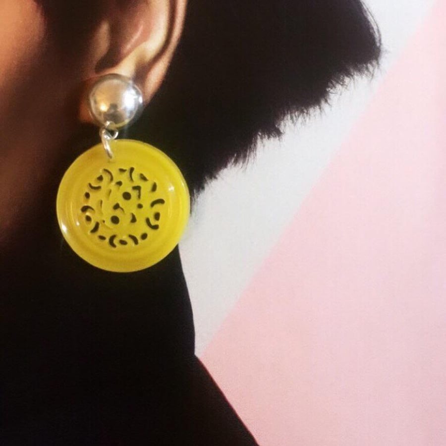 Bright lemon yellow vintage filigree vintage button earrings-925 silver findings