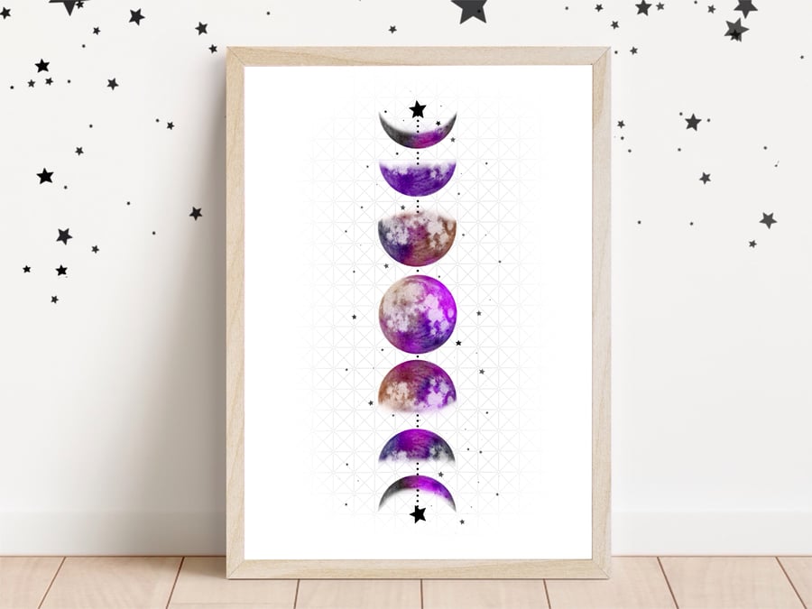 Moon Phases Art Print, Lunar Wall Art, Celestial Moon Print.