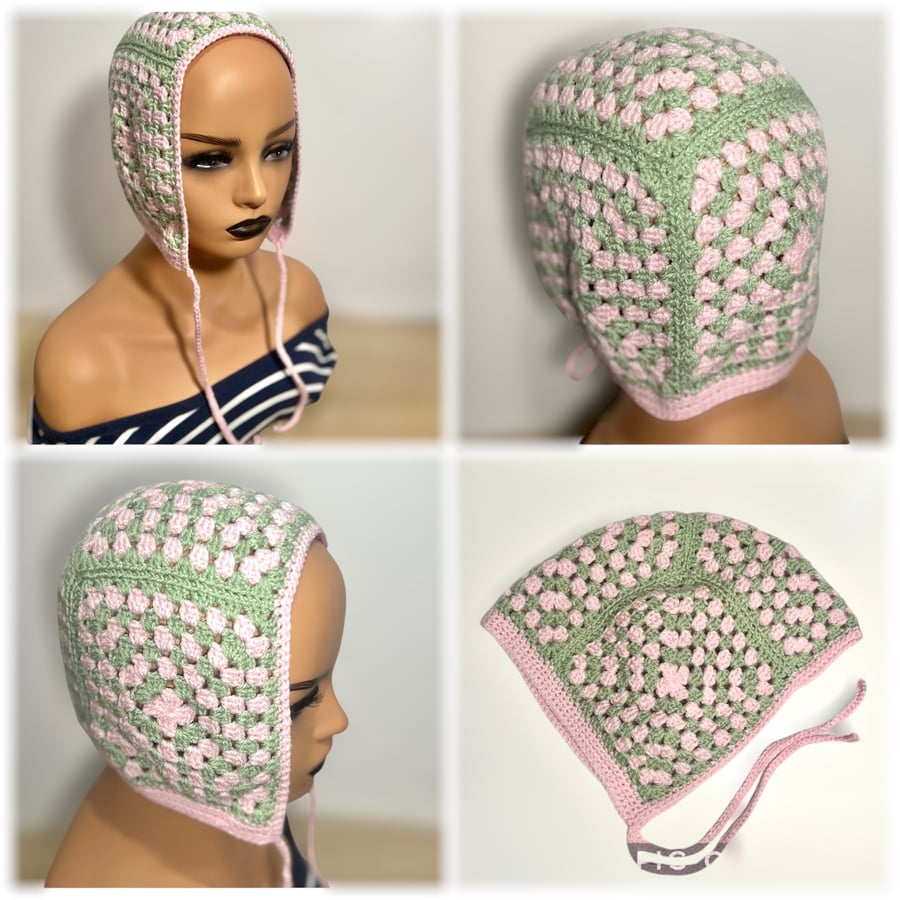 Handmade Crochet Bonnet – Pastel Pink and Green Cottagecore